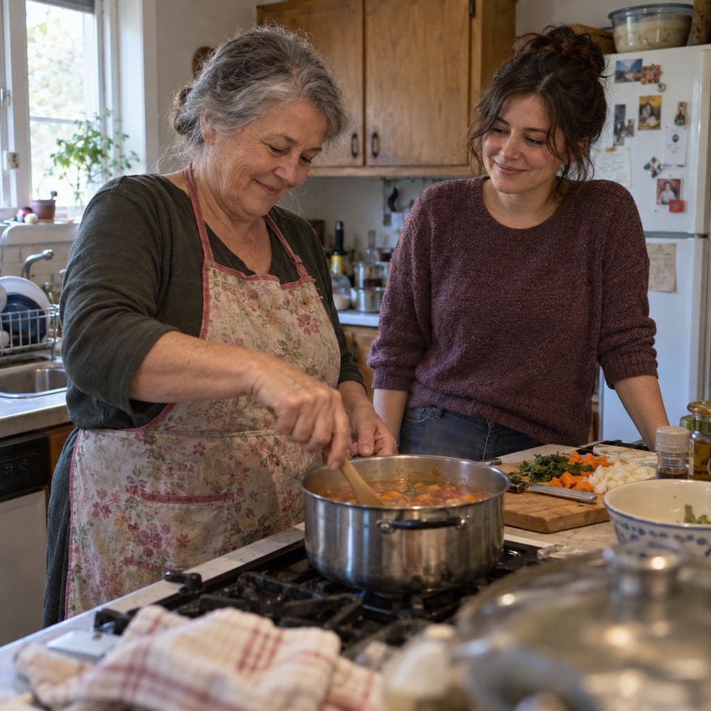 AI-generated fictional mother and adult daughter cooking together at home