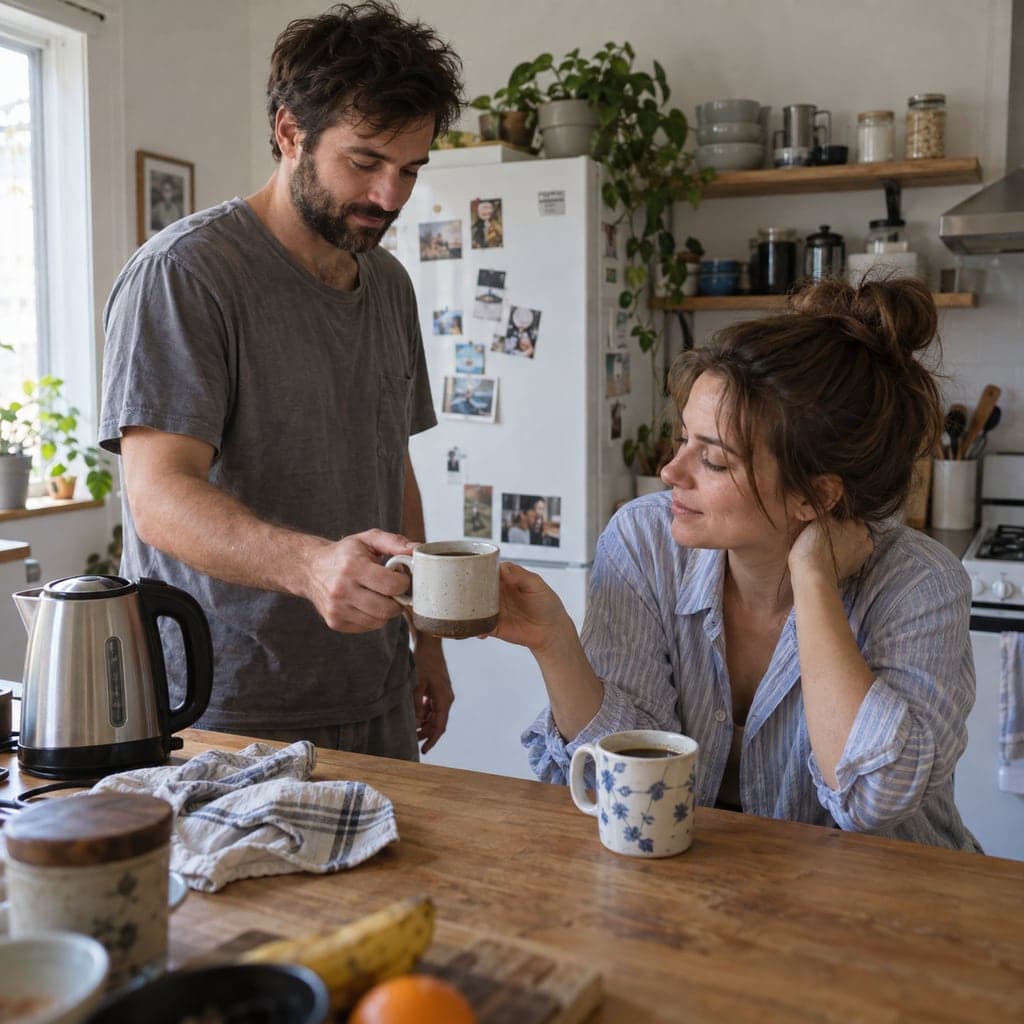 AI-generated fictional couple sharing coffee in their kitchen
