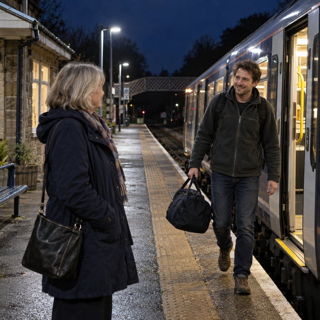 AI-generated fictional mother meeting her adult son at a small railway station