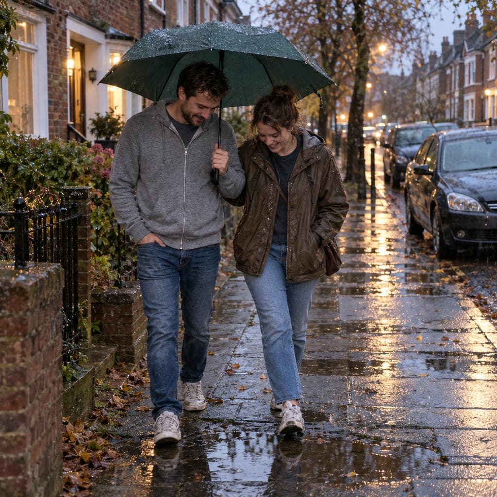AI-generated fictional couple walking through the rain under a green umbrella