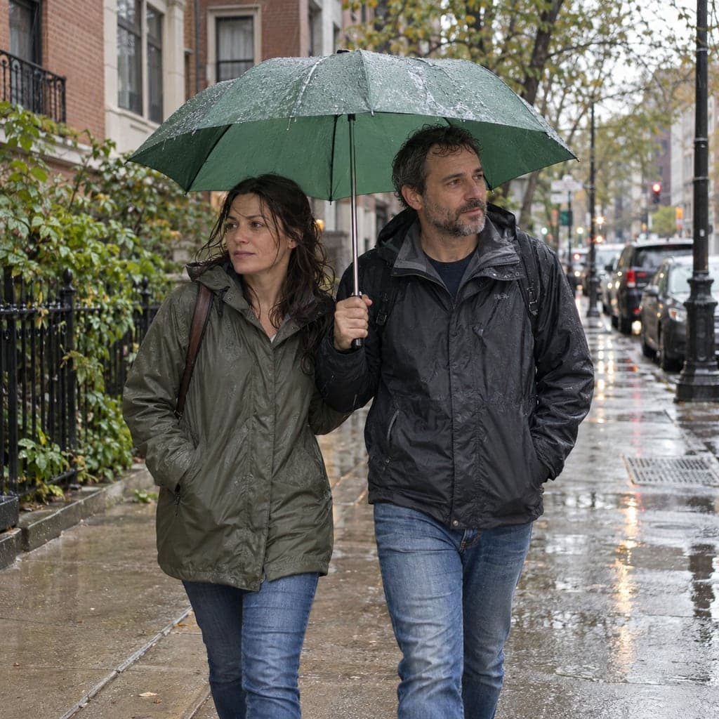 AI-generated fictional couple walking side by side beneath a green umbrella